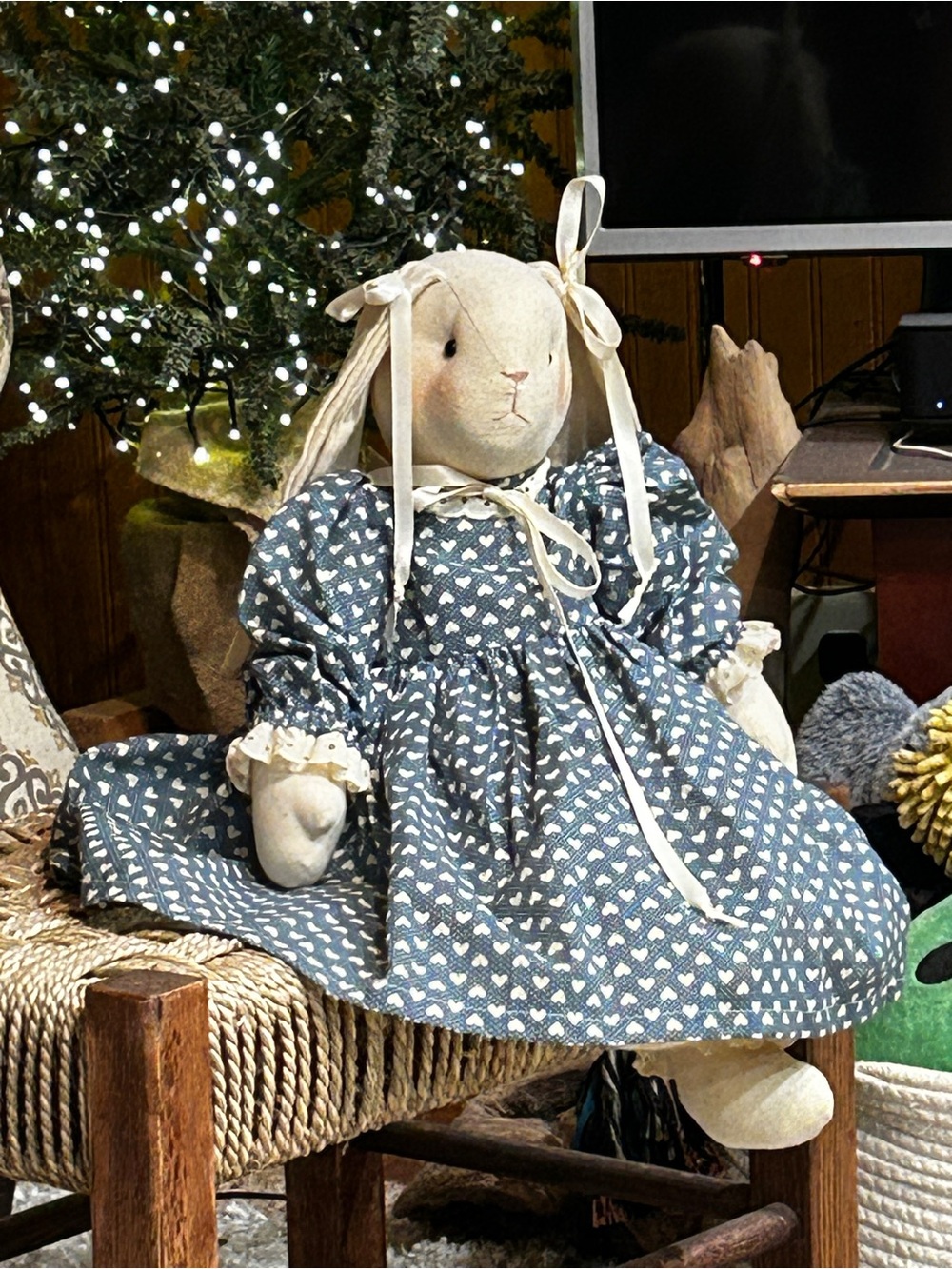 Handmade Plush Bunny Doll in Blue Heart Dress